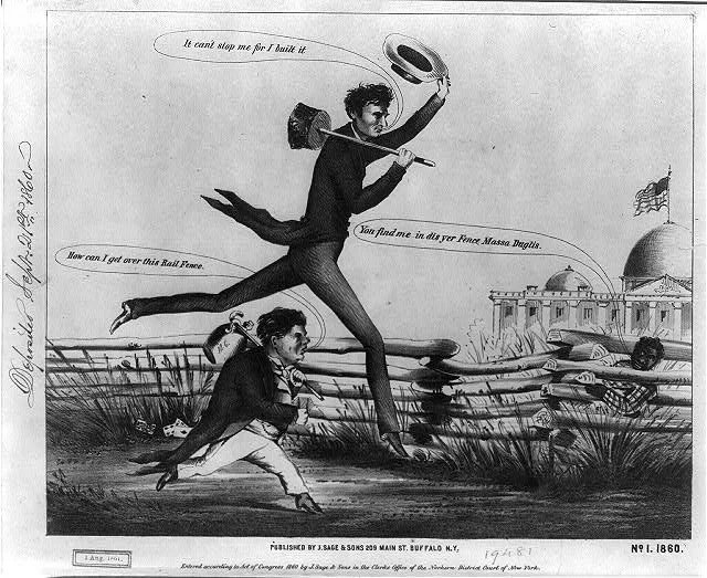 Political cartoon depicting a man with a hat and a ax standing on a fence, preparing to cut it down. Below him, a man with a backpack and a hat is trying to stop him, while a child watches from the right. The background shows government buildings wit