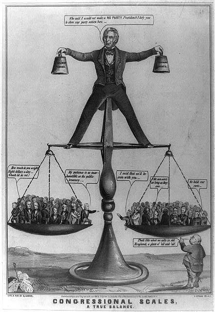 A political cartoon depicting a man with the body of a balance scale, holding two buckets labeled 'More Senators' and 'More Members.' The scale balances groups of people on each side, with the man saying he will not make a change. The cartoon suggest