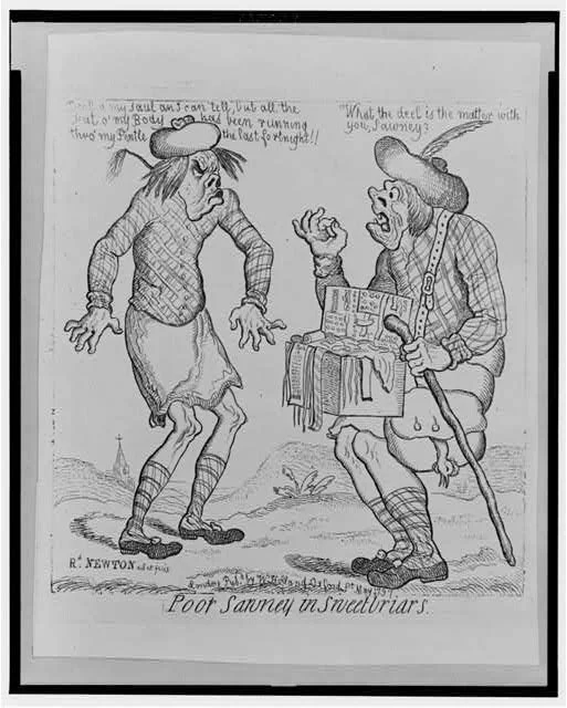 A vintage cartoon depicting two disgruntled impoverished characters, one with a large hat and the other with a walking stick, having a conversation. The character with the walking stick is holding a book and a small box, while the other looks upset. 
