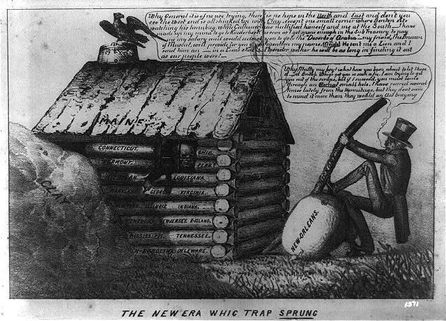 A political cartoon titled 'The New Era Whig Trap Sprung' showing a man wearing a top hat sitting on a large ball labeled 'New Orleans' and holding a long stick, aiming at a wooden structure representing a trap with a list of states' names. The trap 