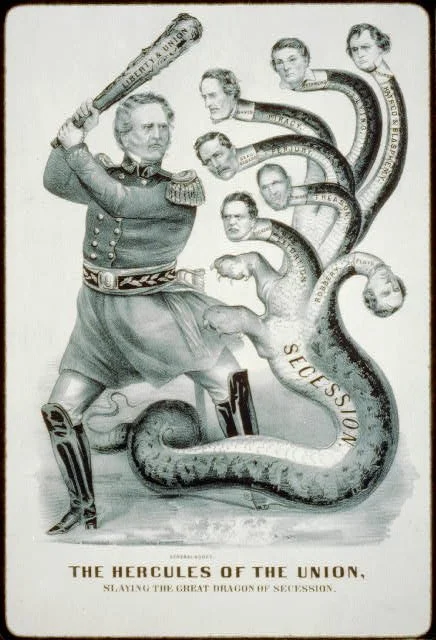 A political cartoon titled 'The Hercules of the Union' depicting a man in a military uniform fighting a large snake with many human heads resembling Confederate leaders, symbolizing Union strength defeating secession.