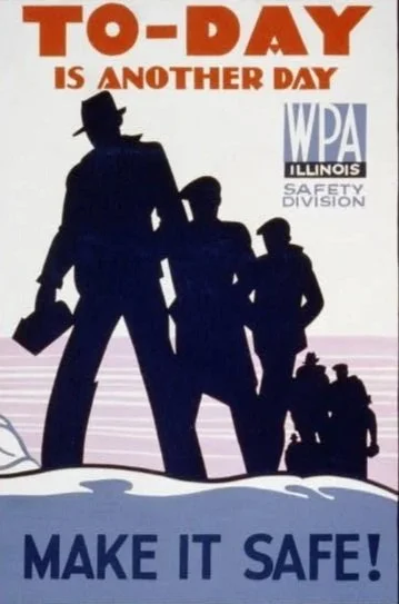 Silhouette of five workers wearing hats and carrying equipment, walking on a slope with snow, in a safety poster with text promoting workplace safety.
