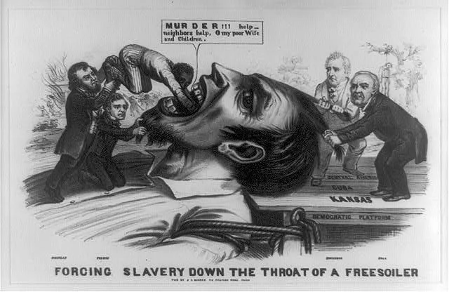 Black and white political cartoon showing people forcing slave into the mouth of a giant head labeled "Kansas" with a sign that reads "Murder!!! help neighbors help. Omy poor Wife and Children." The scene represents violence against slavery, with a c