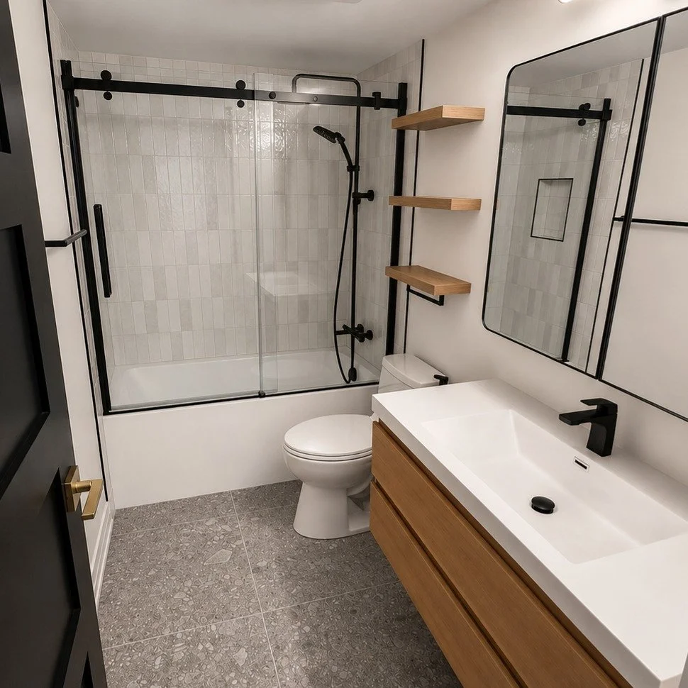 Condo Bathroom Upgrade.

Because the space doesn&rsquo;t get natural light, we focused on details that help it feel bright and open. Including a glass shower to visually expand the room, a floating vanity to create more breathing space, and a palette