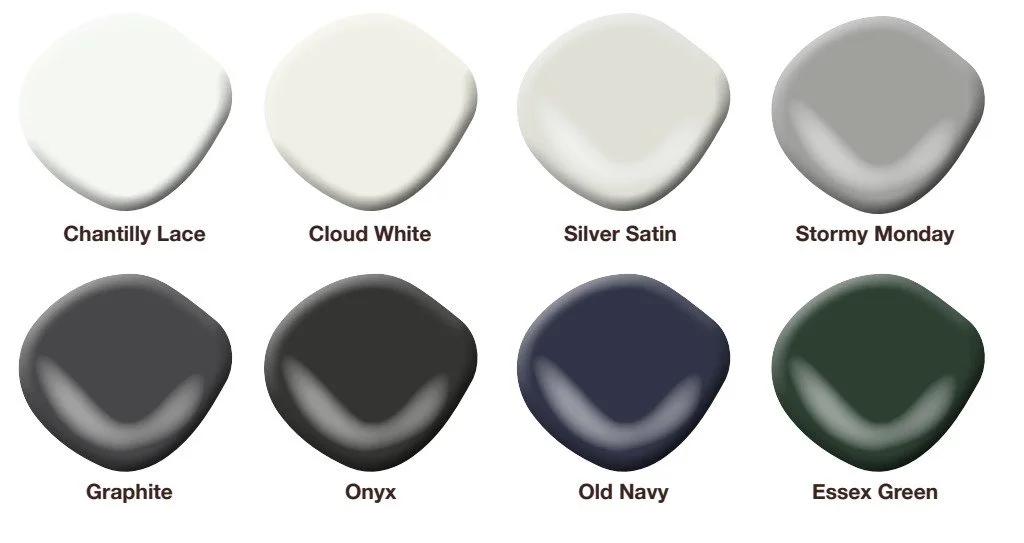 A color palette with eight fabric swatches labeled from top to bottom and left to right: Chantilly Lace, Cloud White, Silver Satin, Stormy Monday, Graphite, Onyx, Old Navy, and Essex Green.