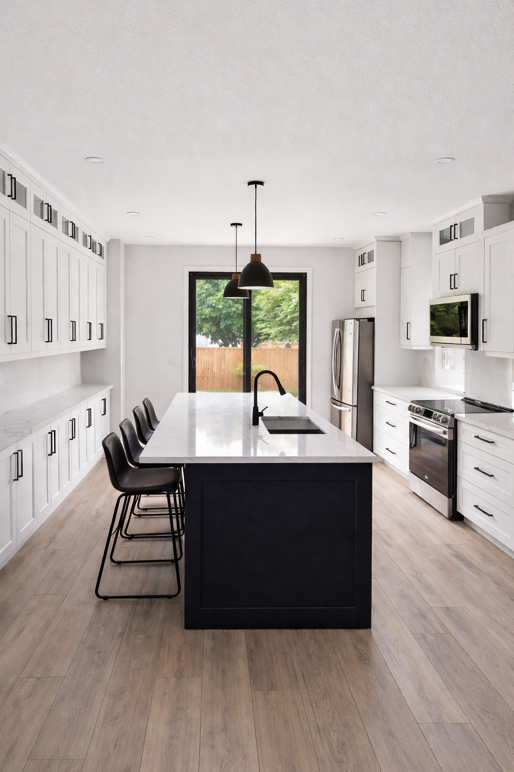 Modern kitchen with white cabinets, black island, light wood flooring, stainless steel appliances, black pendant lights, and large sliding glass door leading outside.