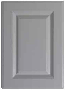 Gray cabinet door with a raised rectangular panel.