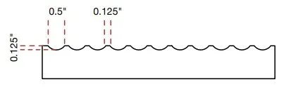 Close-up of a circuit board trace with three sections marked for measurement, 0.125 inches and 0.125 inches apart, with a scale of 0.5 inches.