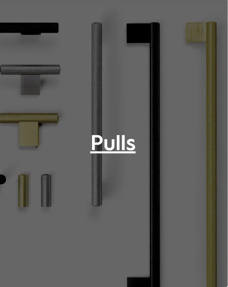 Various black, gray, gold, and silver metallic door pulls and handles displayed on a gray background.