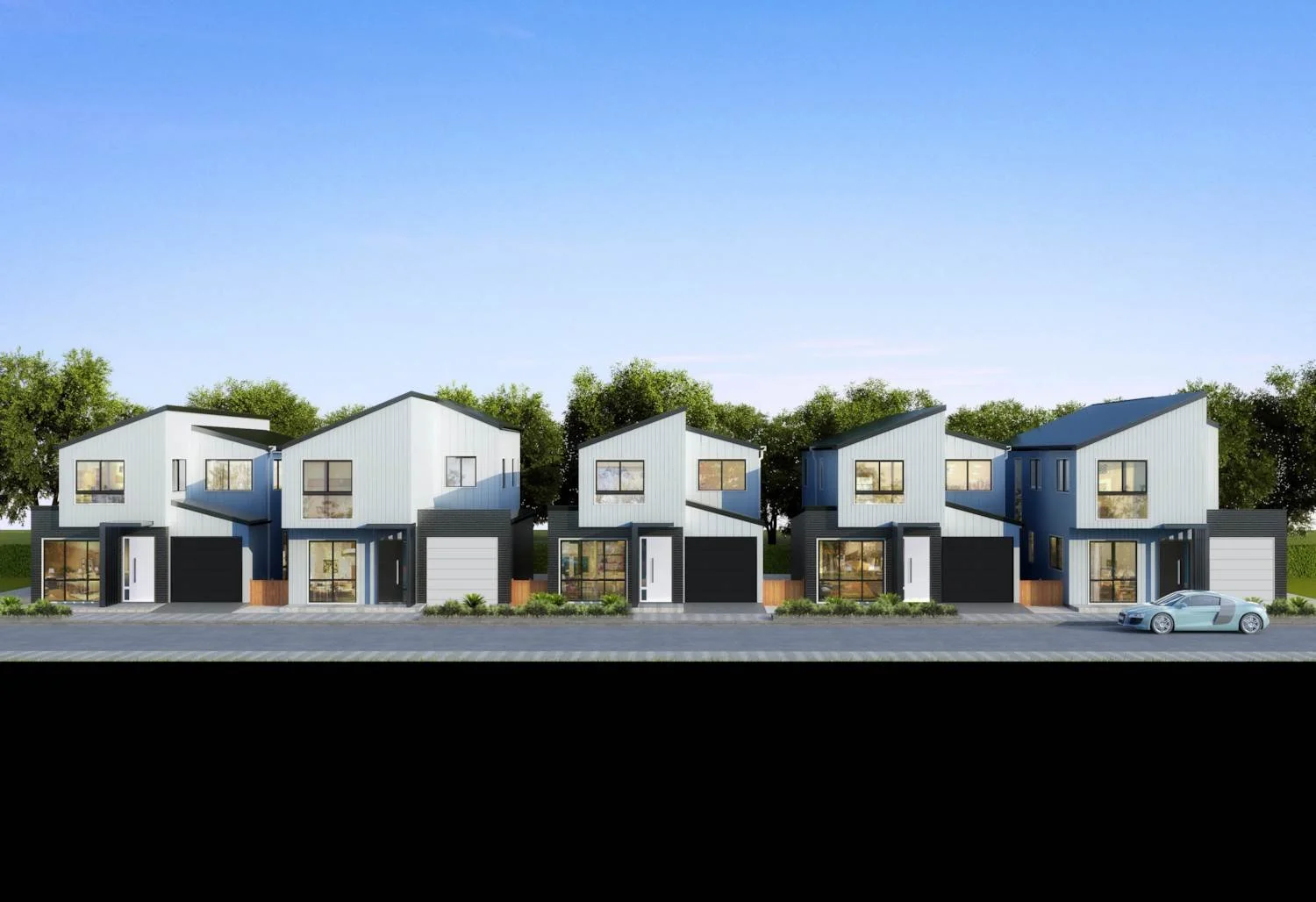 A detailed view of modern gabled terraced homes highlighting the rich textures of brick, vertical cladding, and timber accents, alongside beautifully designed landscaping with purple flowers, featuring people to depict vibrant community life.