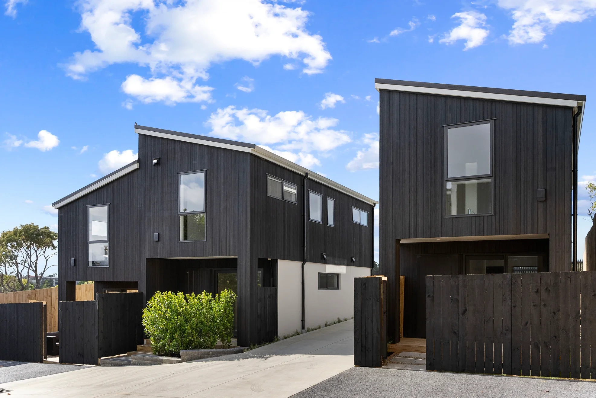 Exterior view of modern new-build residential homes in New Zealand, featuring striking black vertical cladding and distinctive slanted roofs. A paved driveway and dark wooden fences complete the contemporary property design.