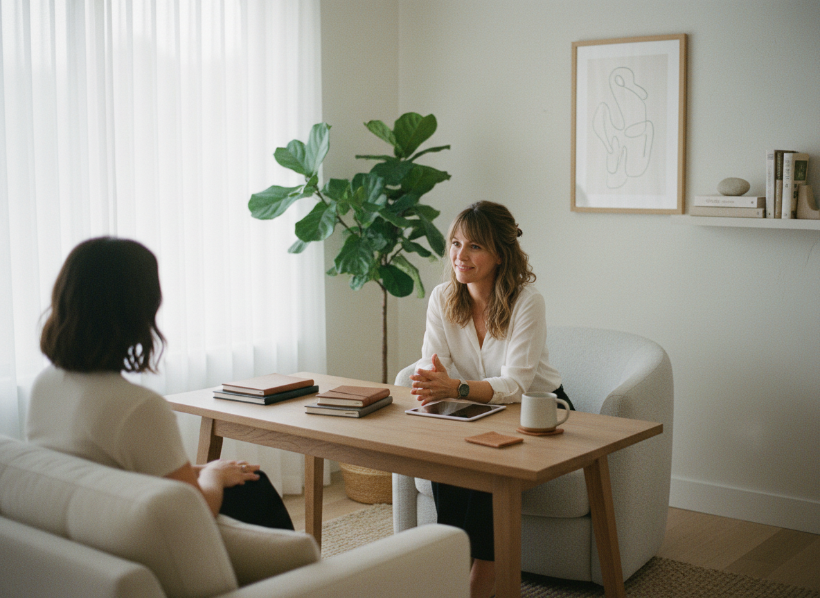 A woman with wavy light brown hair wearing a white blouse sits at a wooden table, talking to another woman with short brown hair seated in a white armchair, in a room with natural light, a tall green plant, and minimal decor.