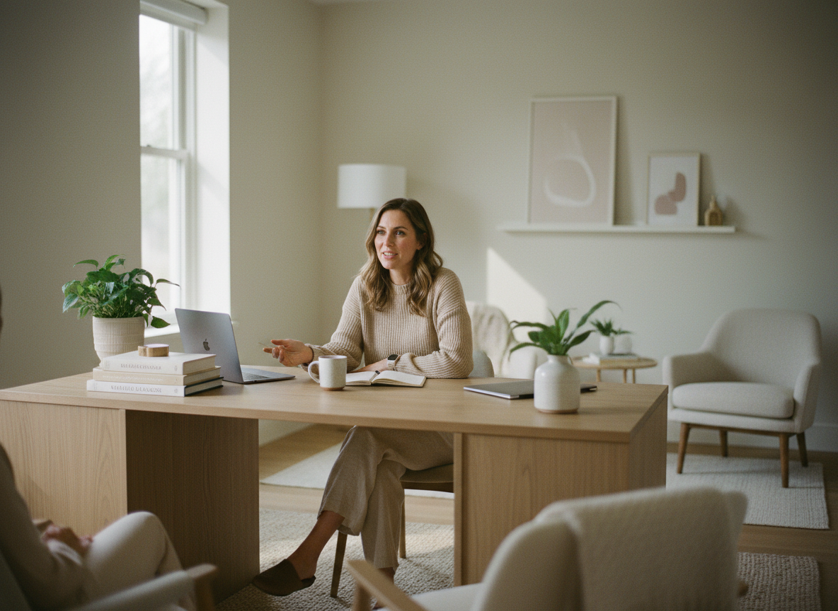 A woman sitting at a desk during a consultation or meeting in a well-lit, minimalist office with neutral decor and indoor plants.