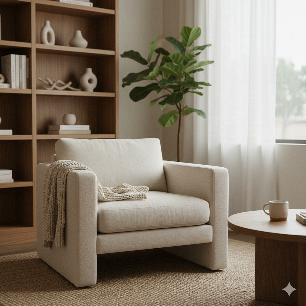 A cozy living room corner with a white armchair, a knitted blanket draped over its arm, a wooden coffee table with a mug and a book, a tall green houseplant, a wooden bookshelf with white decorative vases and books, and a large window with white curtains letting in natural light.