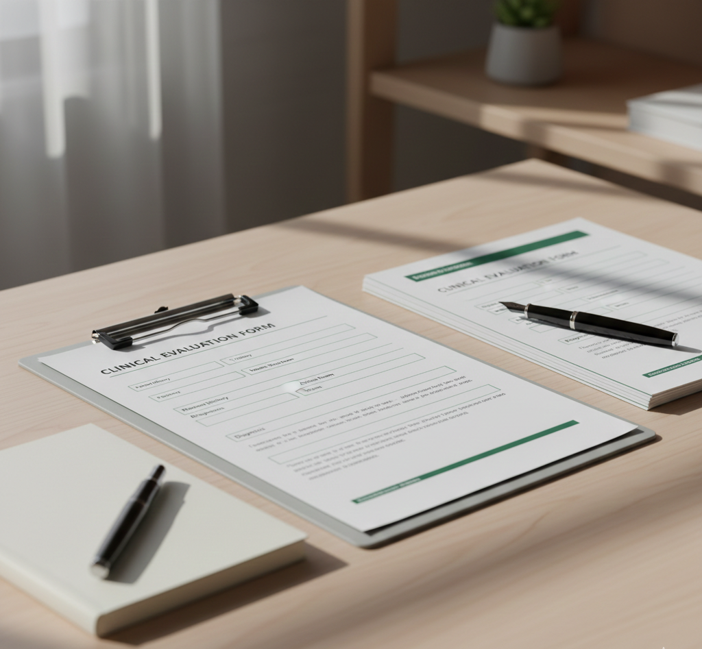 Clipboard with a clinical evaluation form on a desk, with a pen nearby, alongside a stack of papers and a notebook with a pen, in an office setting with a plant in the background.