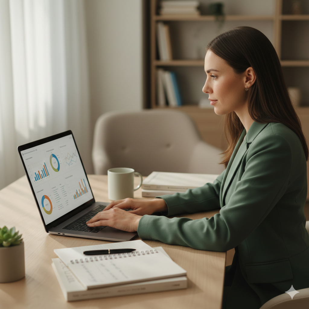 A woman in a green blazer working on a laptop with financial charts and graphs displayed on the screen, sitting at a desk with a notepad, pen, coffee mug, and plant nearby.
