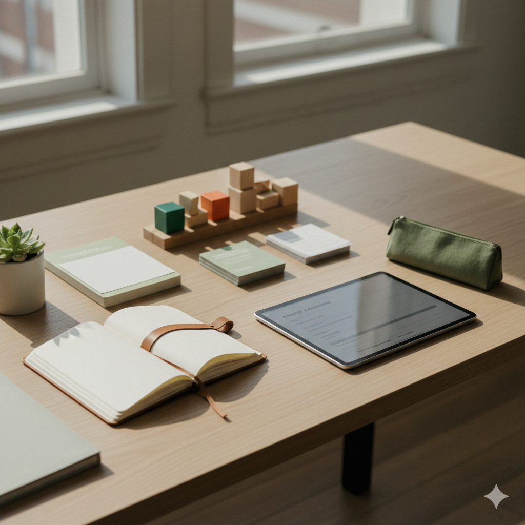 Wooden desk near a window with a potted succulent plant, an open notebook, a tablet, small stacks of paper, a green zippered pouch, and wooden block toys with painted cubes.