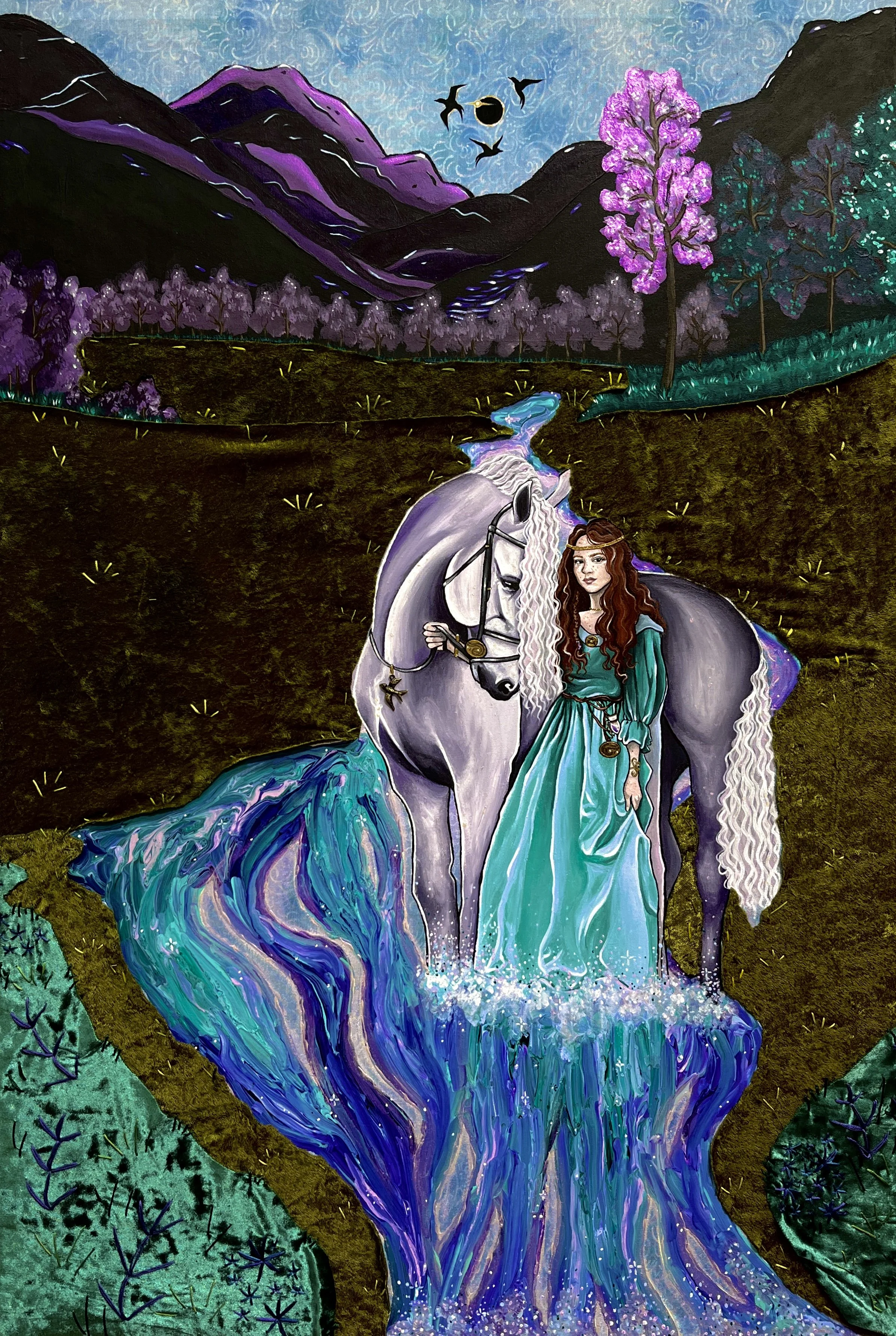 Lineage of the Celtic Feminine: The Lunar Eclipse of Songbirds and Spirits - Goddess Rhiannon (2024)
Fluid Paint, Acrylic, Fabric, Beads & Embroidery Floss on Stretched Fabric
24x36 in