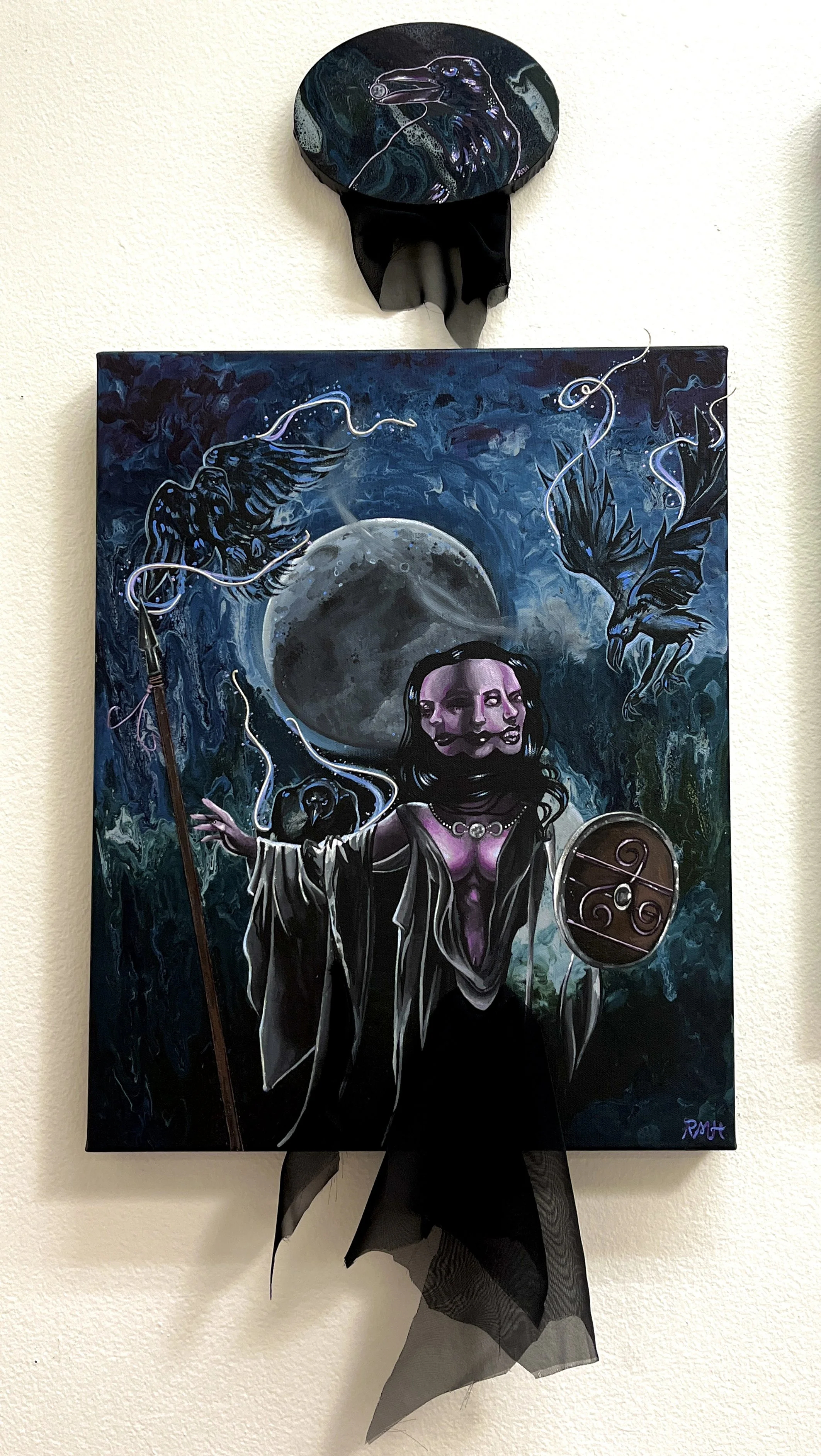 Lineage of the Celtic Feminine: The Look of Death - The Morrigan & Morrigan Transformed (2023)
Fluid Paint, Acrylic, Fabric & Twine
12x16 in