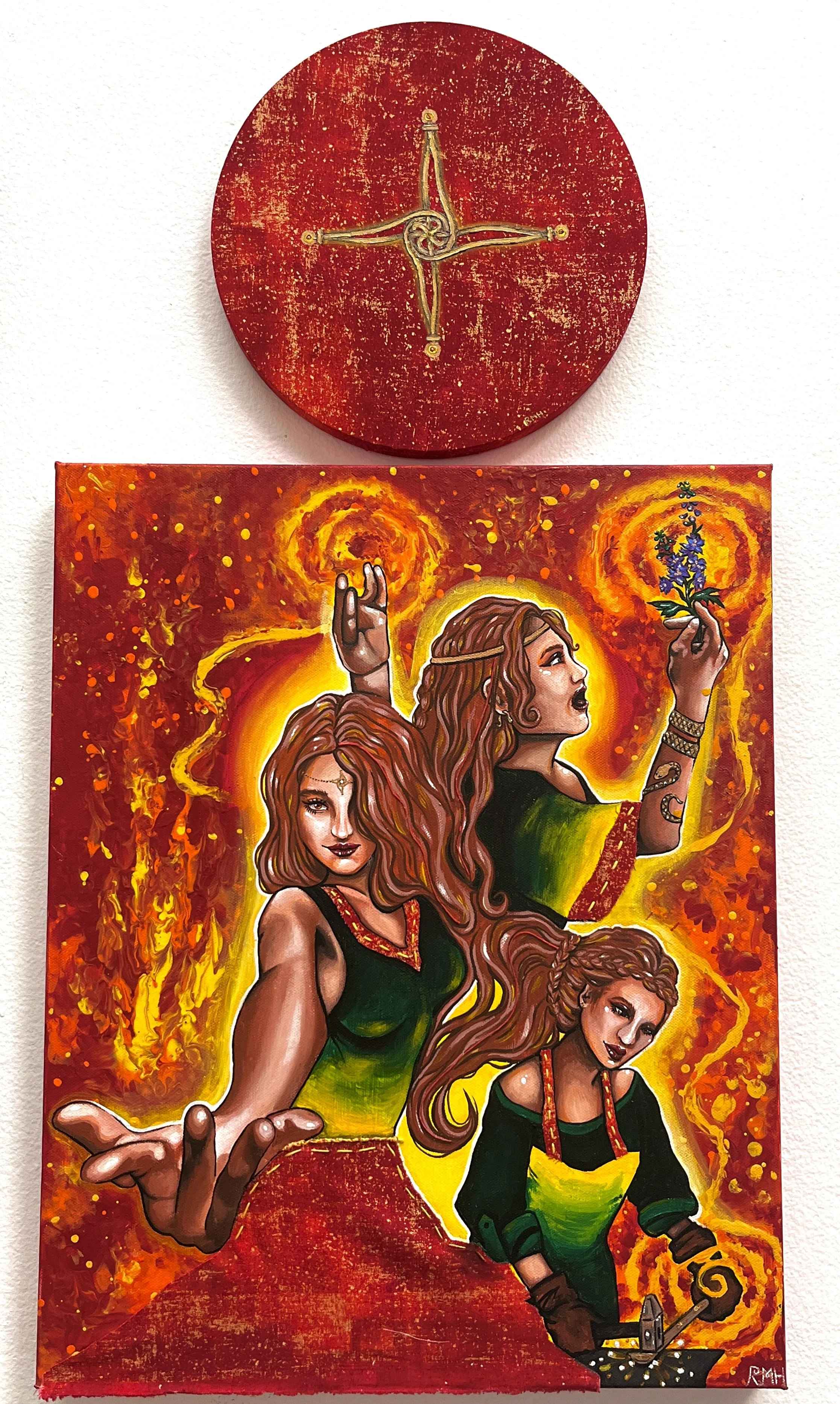 Lineage of the Celtic Feminine: The Three Deities of Flame - Saint Brigid & Brigid's Cross (2023)
Fluid Paint, Acrylic, Fabric & Twine
12x16 in