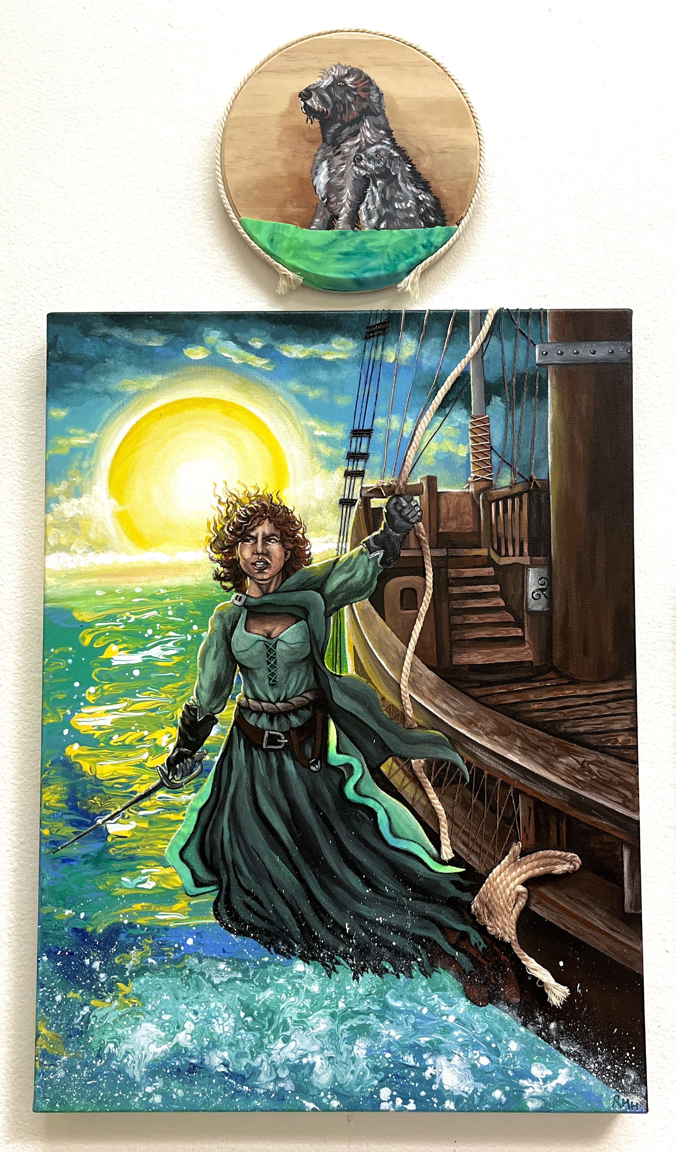Lineage of the Celtic Feminine: The Pirate Queen - Grace O'Malley & O'Malley's Wolfhounds (2023)
Fluid Paint, Acrylic, Fabric, Twine & Rope
16x20 in
