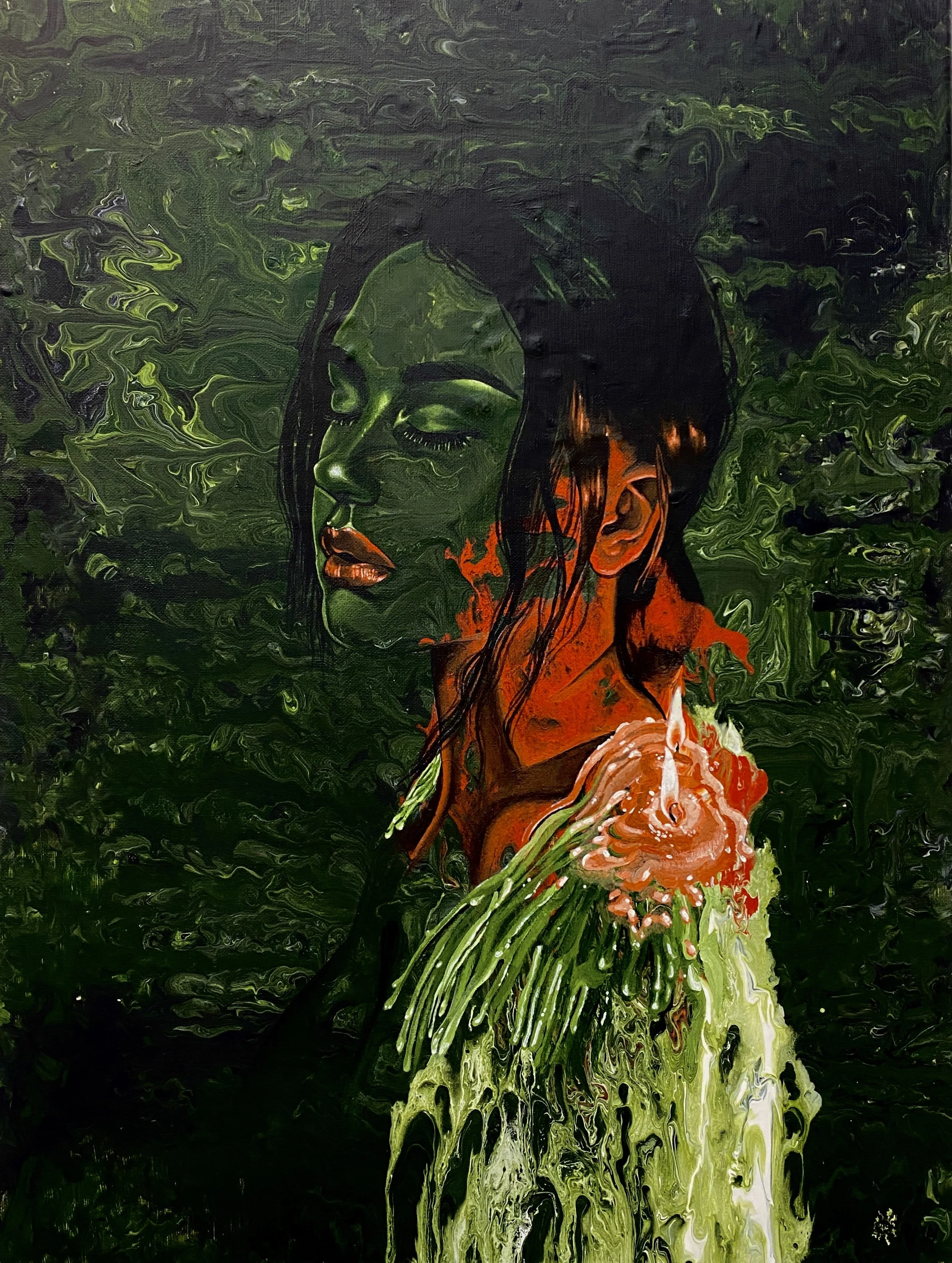 Feminine Grief: Emptiness & The Shadows (2023) 
Fluid Paint & Acrylic 18x24 in