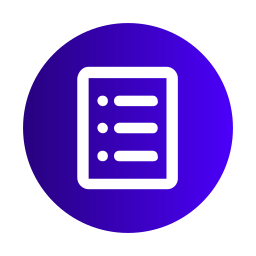 Icon of a document or checklist on a purple circular background.
