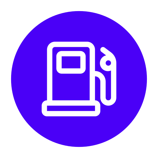 Icon of a gas pump or fuel station on a purple circular background.