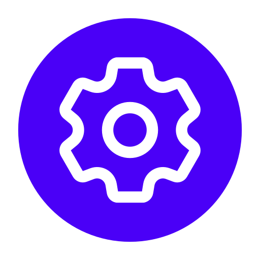 Icon of a gear inside a blue circle.