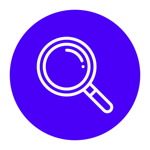 Magnifying glass icon inside a purple circle.