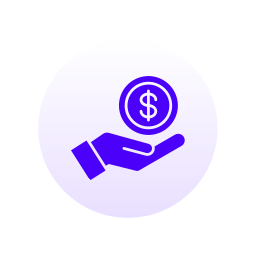 A purple icon of a hand holding a coin with a dollar sign.
