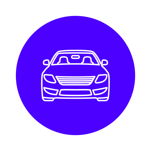 Outline of a car on a blue circular background.