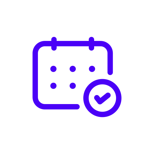 A blue calendar icon with a checkmark inside a circle.