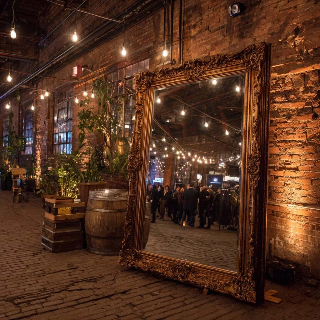 Large group posing in open air photo booth at Indianapolis event