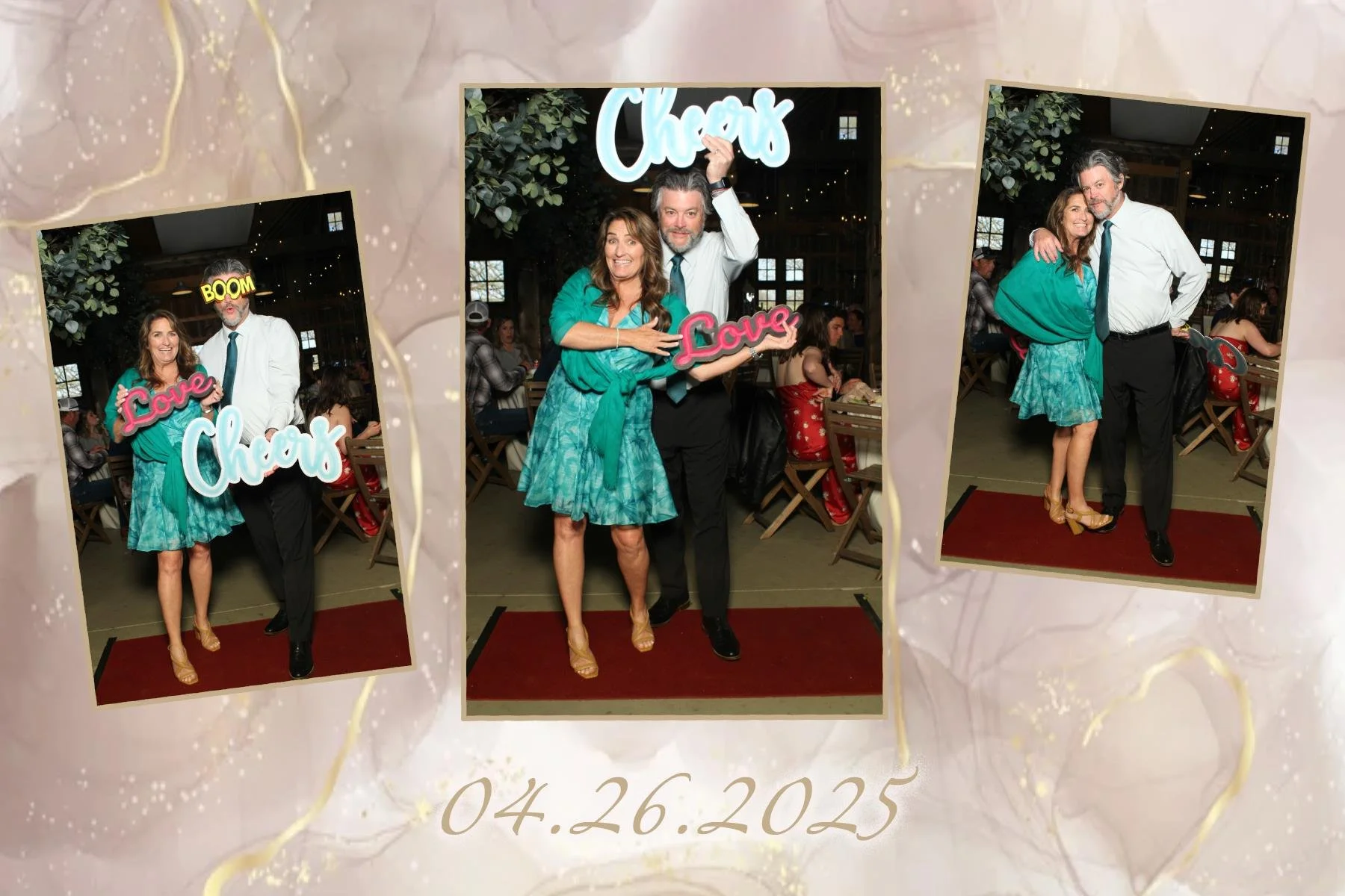 Guests enjoying a holiday party photo booth with festive props