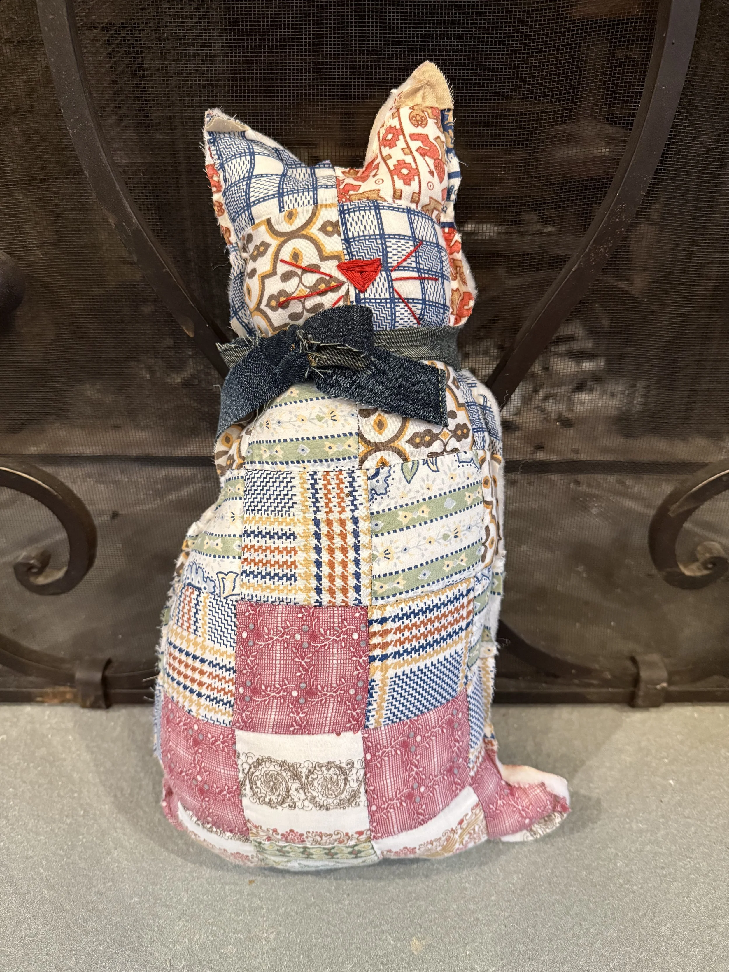 Vintage Quilted Cat Accent Pillow - Denim Bow