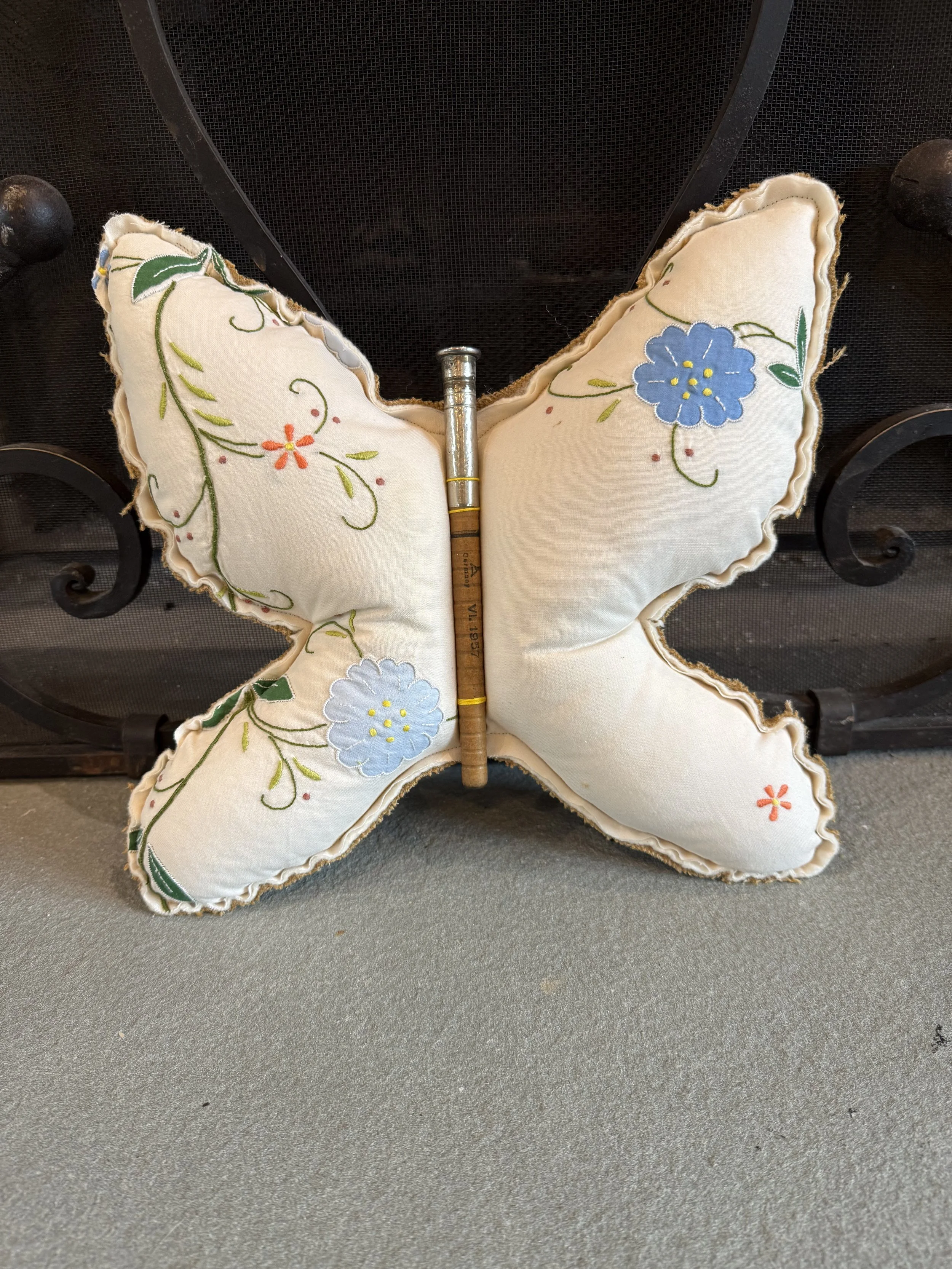 Vintage Embroidered Butterfly Accent Pillow - 01