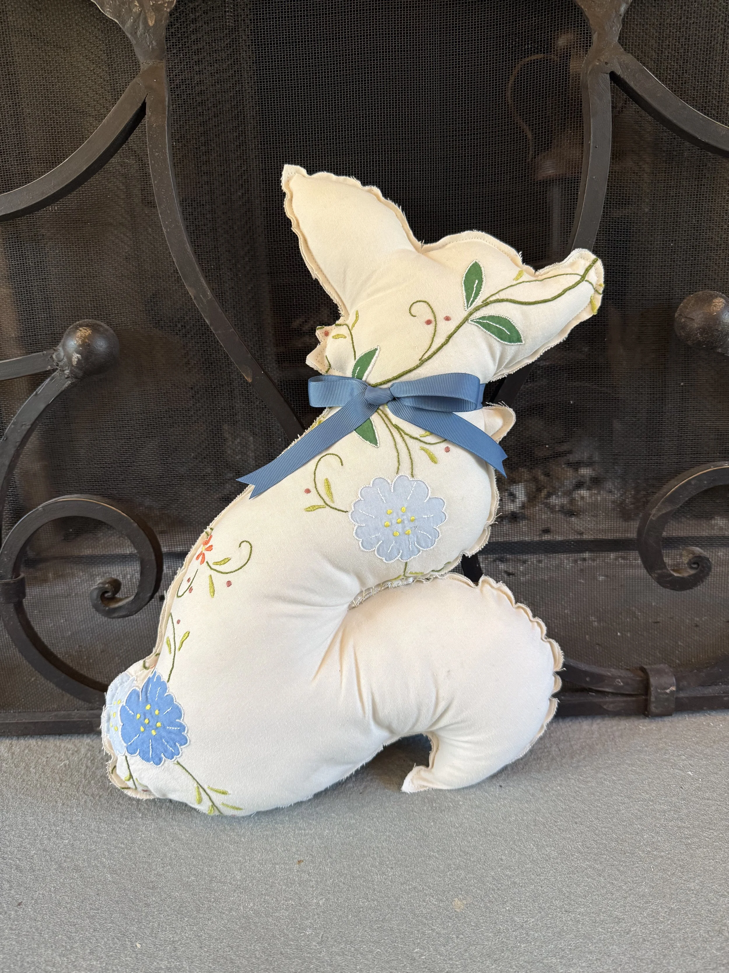 Vintage Embroidered Fox Accent Pillow - Dusty Blue