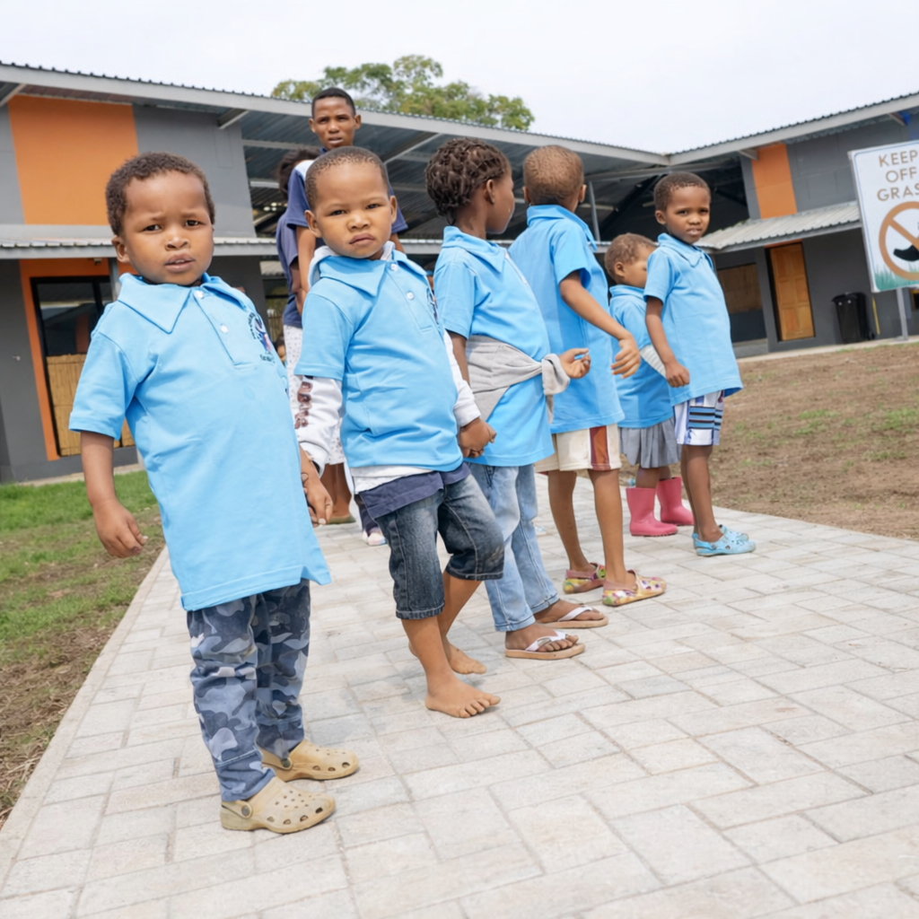 Children in blue shirts on walkway.png