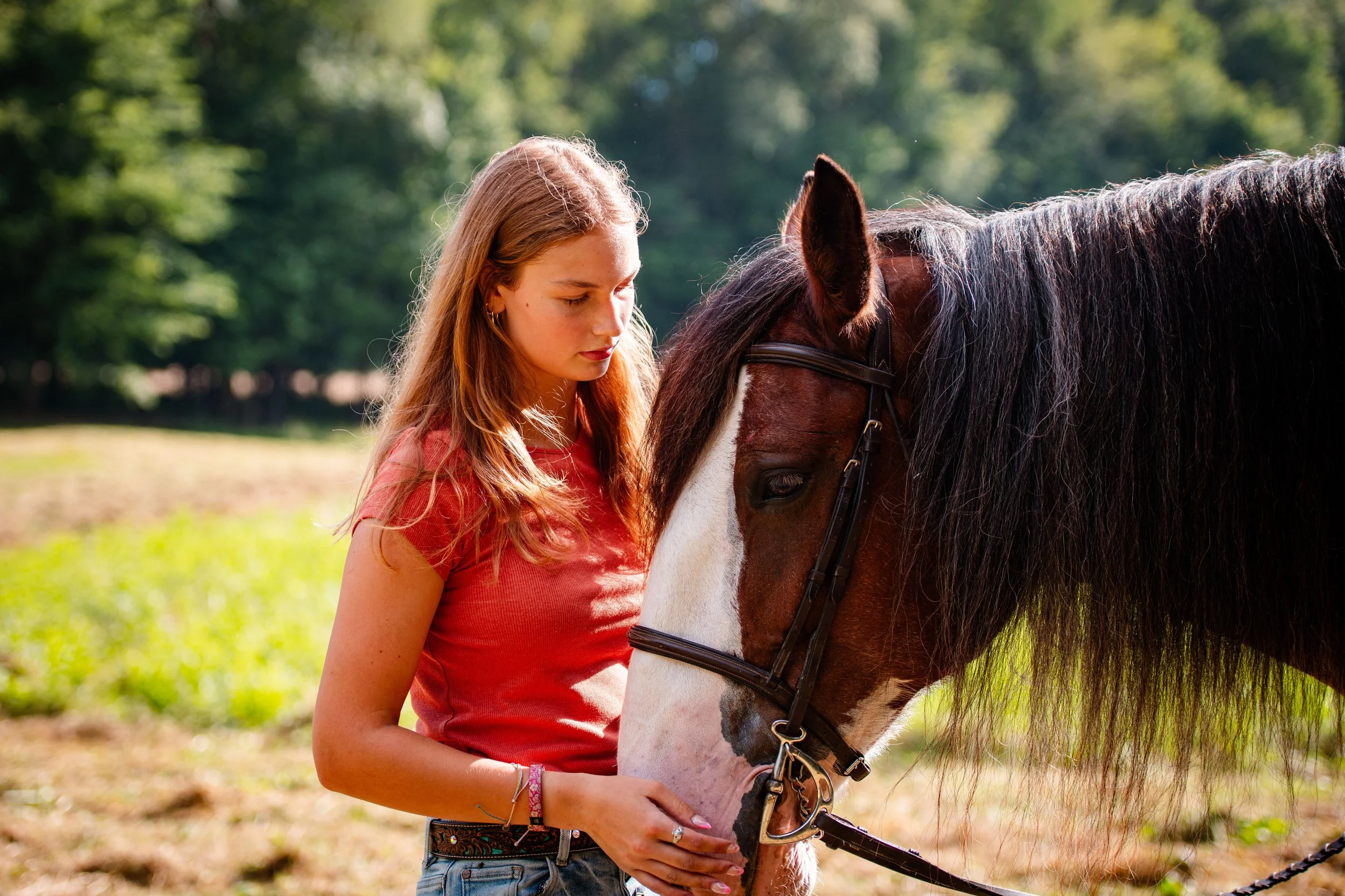 A young woman with long red hair, wearing a pink T-shirt, gently touching the nose of a brown and white horse with a black mane outdoors with trees in the background.