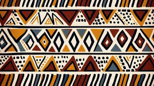 Diseño de patrones geométricos con triángulos, rombos, líneas y puntos en tonos tierra y gris.