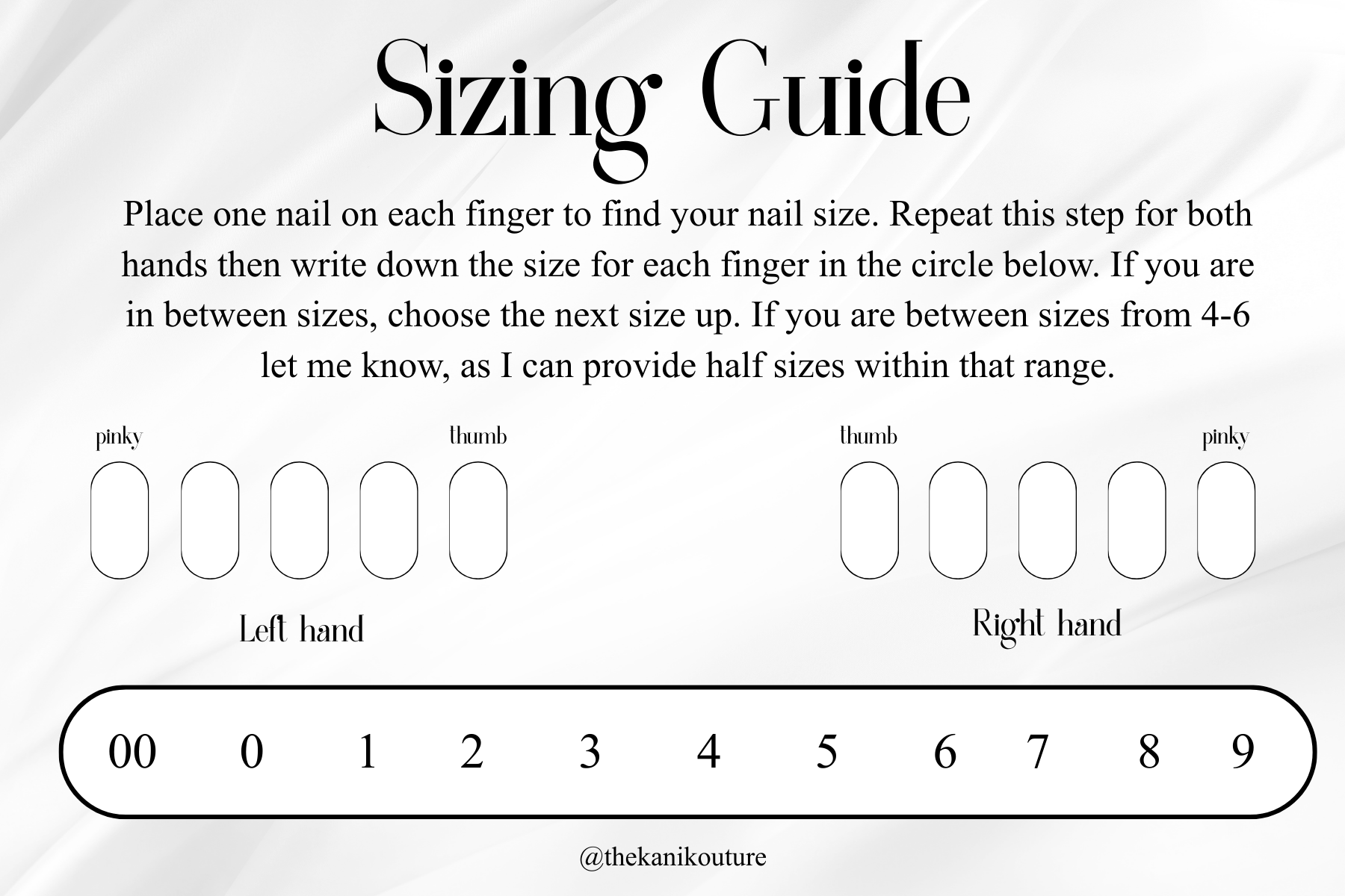 Sizing guide for finger rings with instructions and illustrations to measure nail and determine ring size, including size options from 00 to 9.