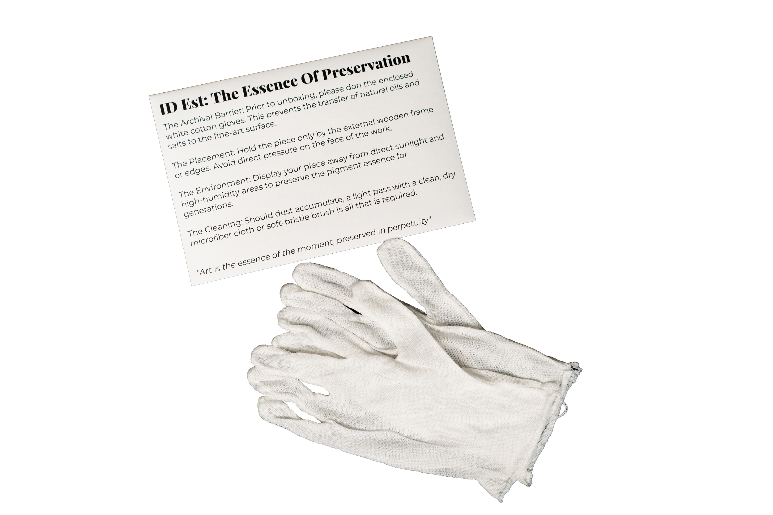 A white cloth glove, a piece of paper with preservation instructions, and a blue strip of material against a black background.