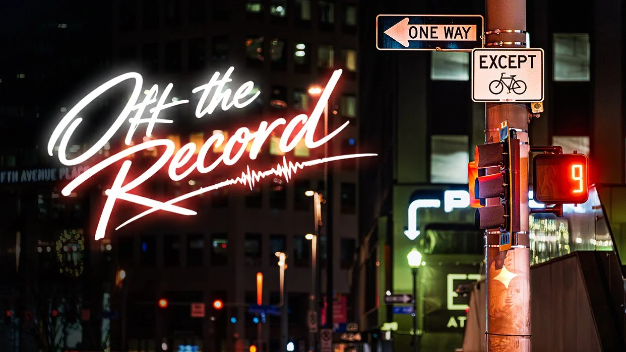 Off the Record newsletter artwork featuring nighttime street signs and neon lettering.