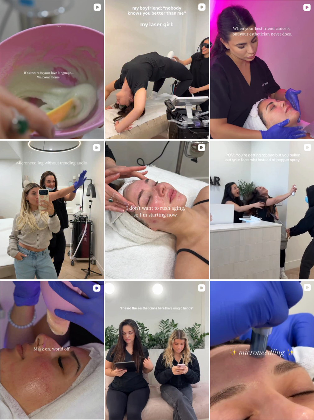Series of images showing skincare and aesthetic treatment procedures in a clinic, including a facial, a laser treatment, a cosmetic consultation, and skincare product application, with women receiving various beauty treatments.