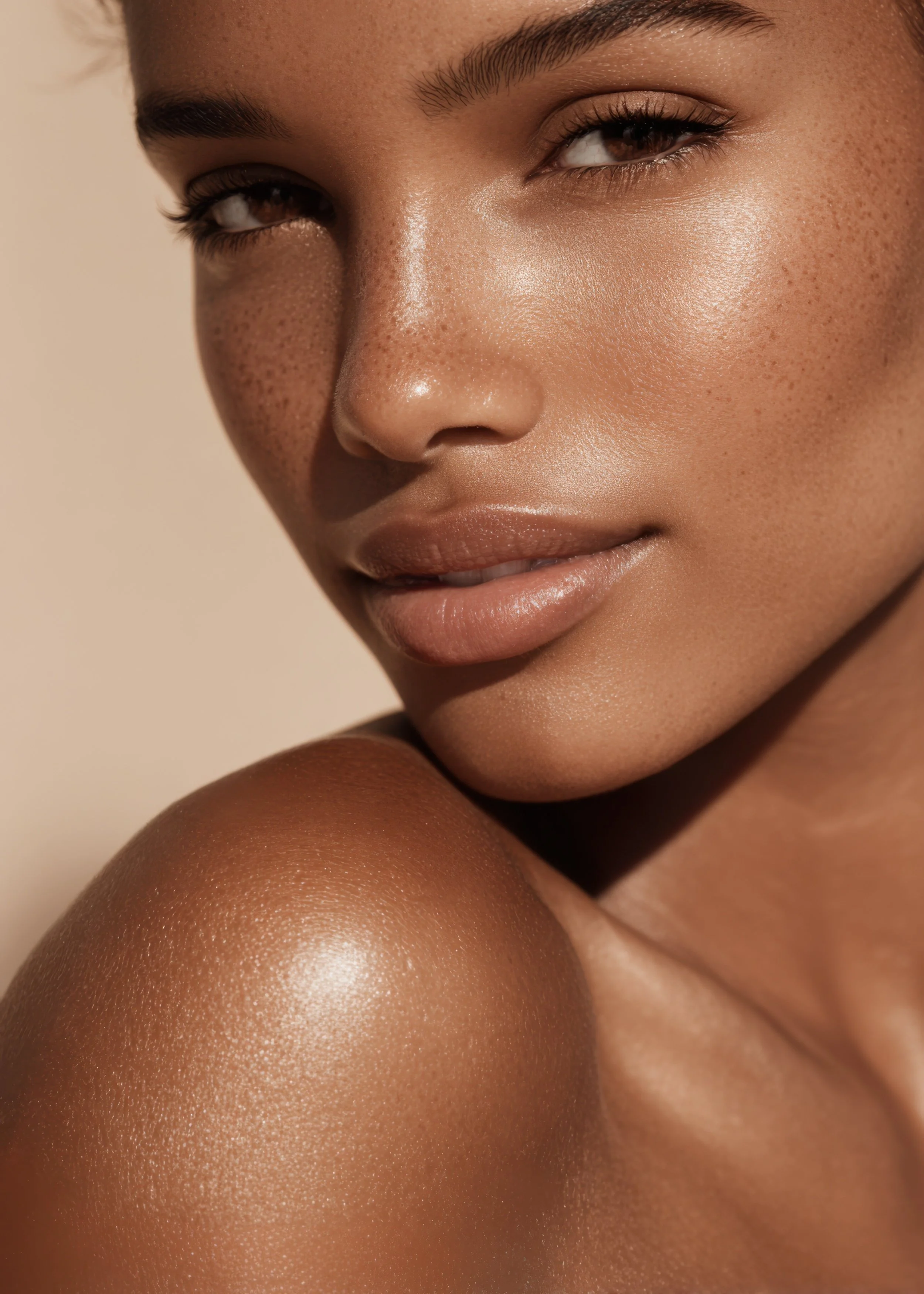 Close-up of a woman's face and shoulder, showing smooth, glowing skin with natural freckles, makeup, and well-groomed eyebrows.