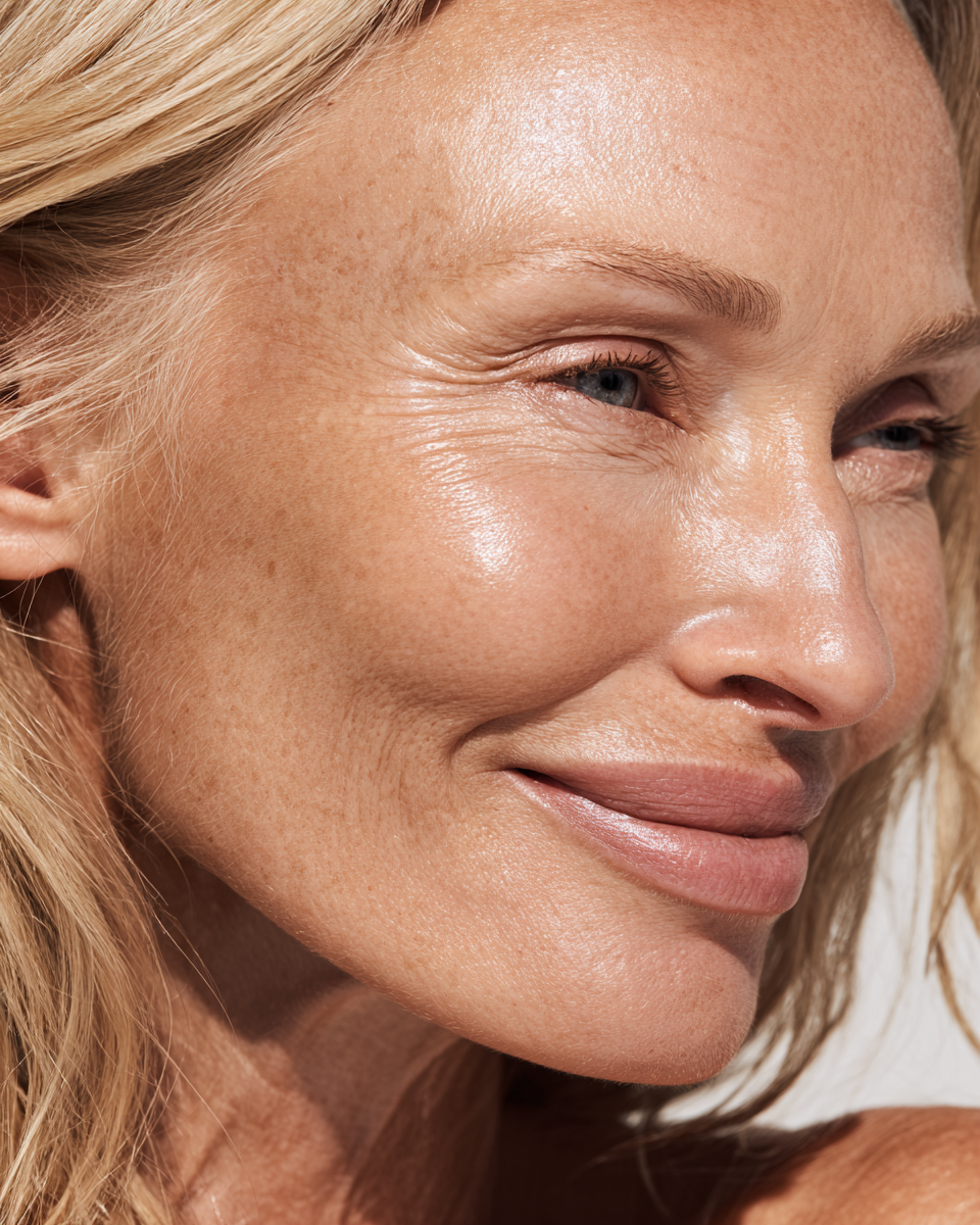 Close-up of a smiling woman's face  with no makeup.