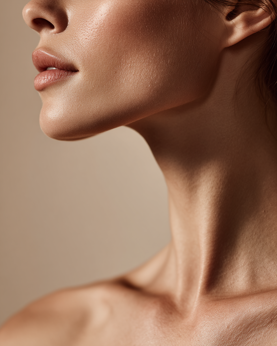 Close-up of a woman's lower face, neck, and shoulder with smooth skin and natural makeup.
