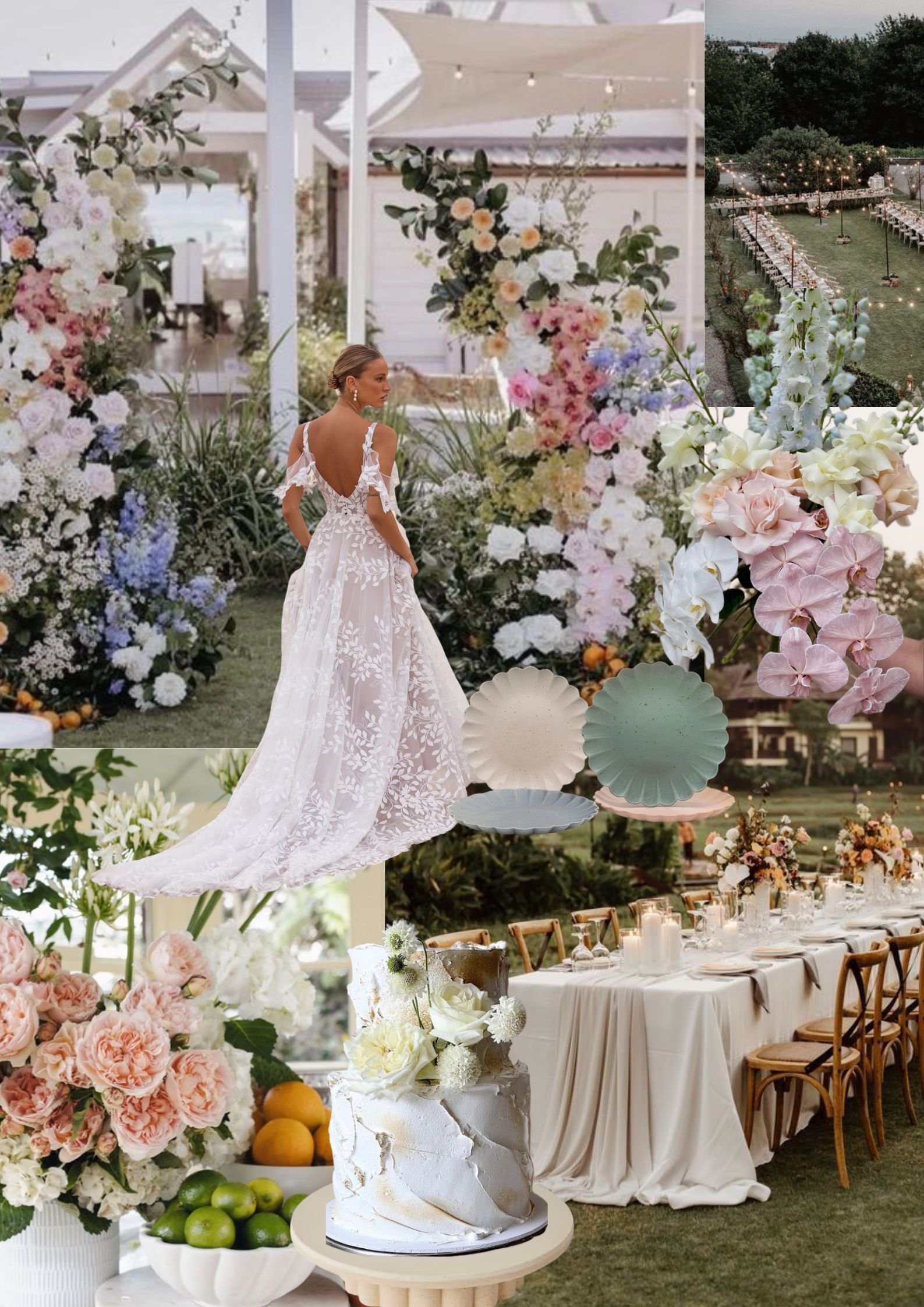 Elegant outdoor wedding reception with floral arches, decorated tables, and a tiered cake with white flowers.