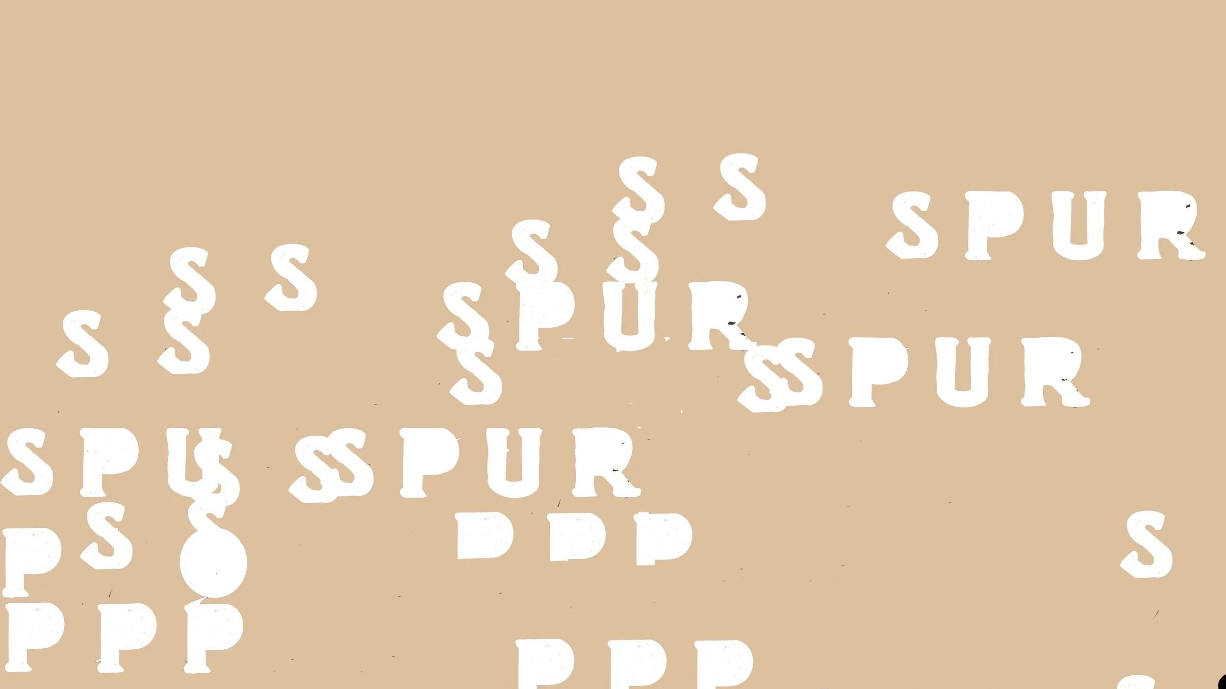 The image contains the word 'SPUR' multiple times in white, with a beige background. The words are arranged in a scattered, overlapping manner.